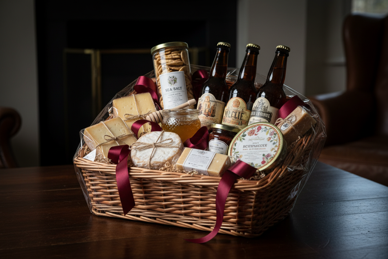 Luxurious wicker gift basket overflowing with premium Norfolk produce, featuring multiple cheese wedges wrapped in wax paper, craft ale bottles, artisan crackers, honey jar with dipper, red chutney jar, wrapped fudge, gourmet biscuits in decorative tin, arranged with burgundy ribbon and cellophane wrapping, photographed at slight angle on dark wood table, dramatic side lighting, premium corporate gift aesthetic, magazine-quality food photography