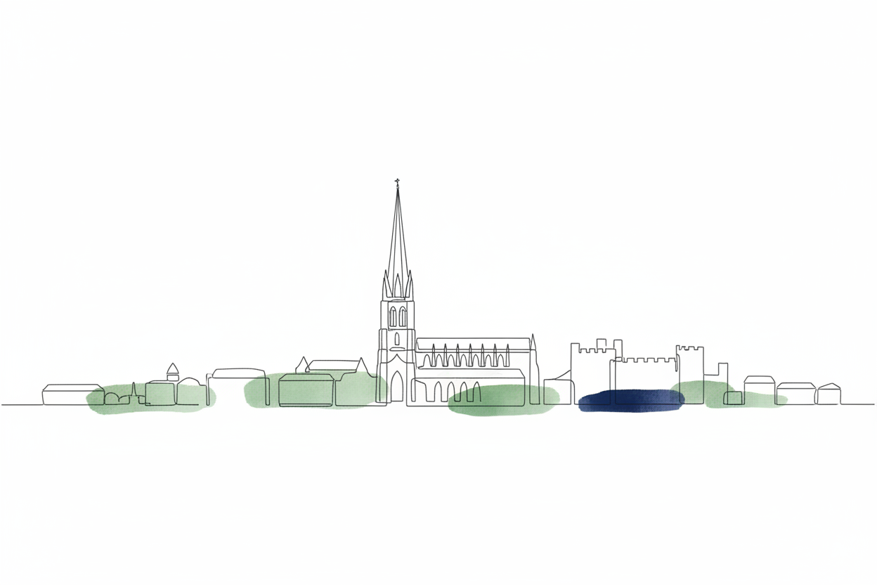 Minimalist line drawing of Norwich city skyline featuring cathedral spire and castle silhouette, elegant continuous line art style, fine detailed architectural sketch, subtle sage green and navy blue watercolor accents, premium brand illustration, sophisticated and refined, horizontal panoramic composition, white background with clean edges, editorial illustration quality
