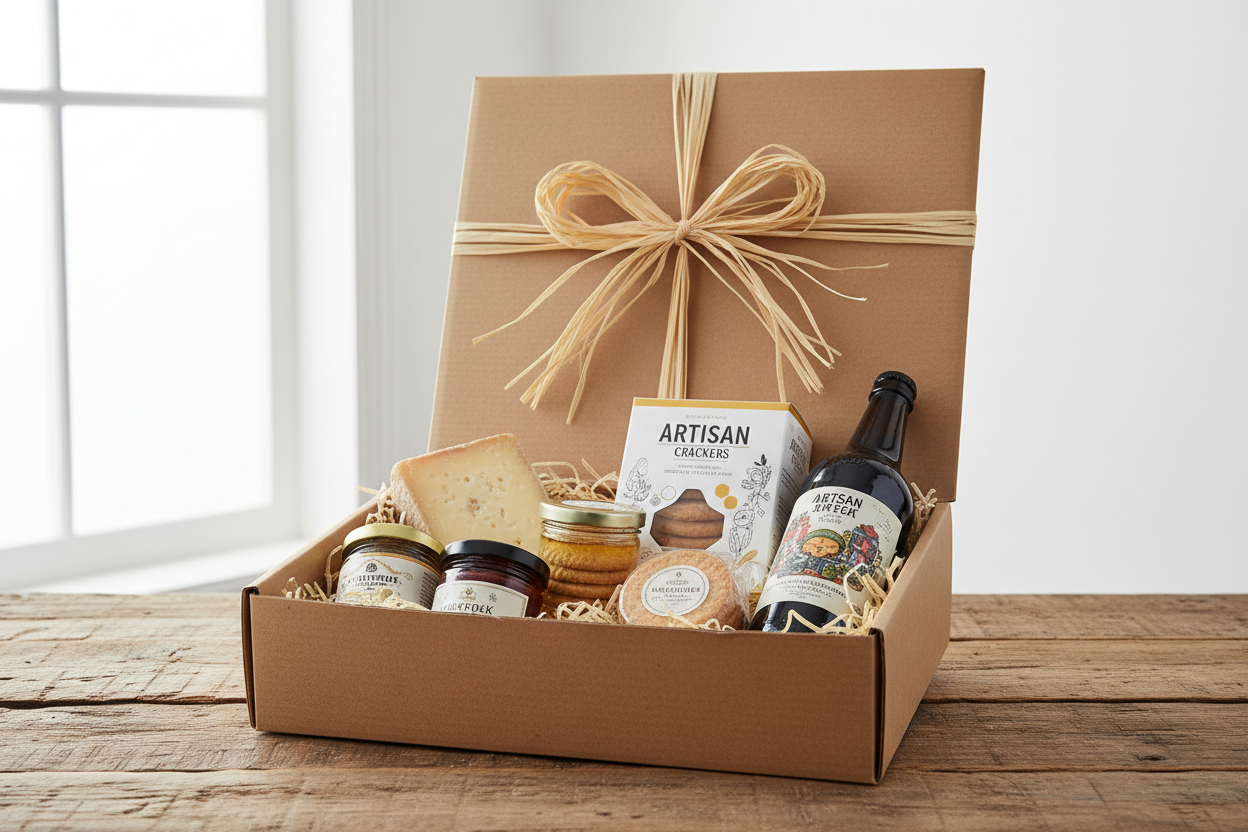 Professional product photography of a luxury gift hamper in a kraft card box with raffia ribbon, containing Norfolk cheese wedge, artisan crackers box, honey jar with honeycomb label, red chutney jar, wrapped biscuits, and a craft beer bottle, arranged on rustic wooden table with soft natural window lighting, white background, corporate gift aesthetic, high-end food photography, 4K quality